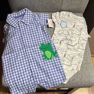Blue Checkered Romper with Frog Patch and Airplane Onesie